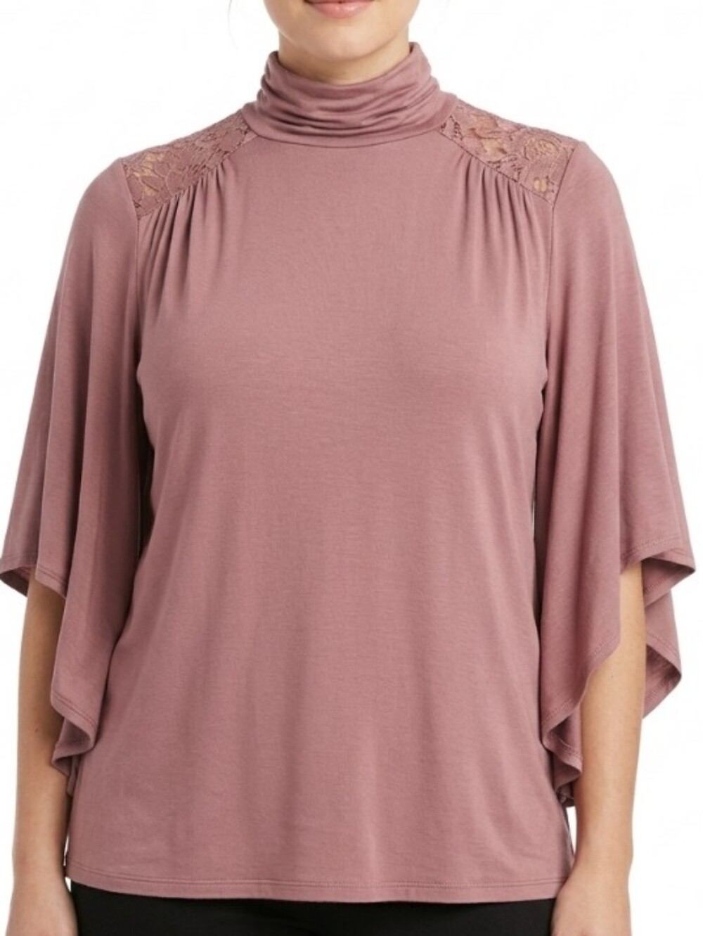 NEW Adrianna Papell Dusty Mauve Lace-Shoulder Mock Neck Tunic